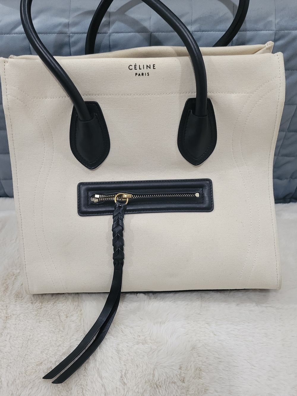 Celine Cream Canvas Tote with Black Trim